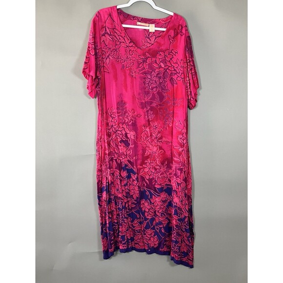 La Cera Midi House Dress 2X Floral Rayon Button Detail Side Slit Artsy Relaxed - Picture 1 of 12